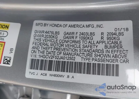 2018 Honda Accord Ex-L 2.0T из США, поврежденный, VIN 1HGCV2F52JA012502